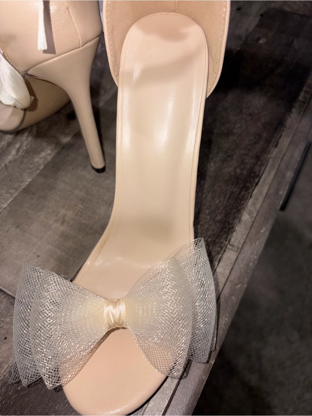 Tulle Mesh Bow Ankle Tie Stiletto Heels - Nude / Ivory - Size 37 (US 6.5) - Picture 7 of 11
